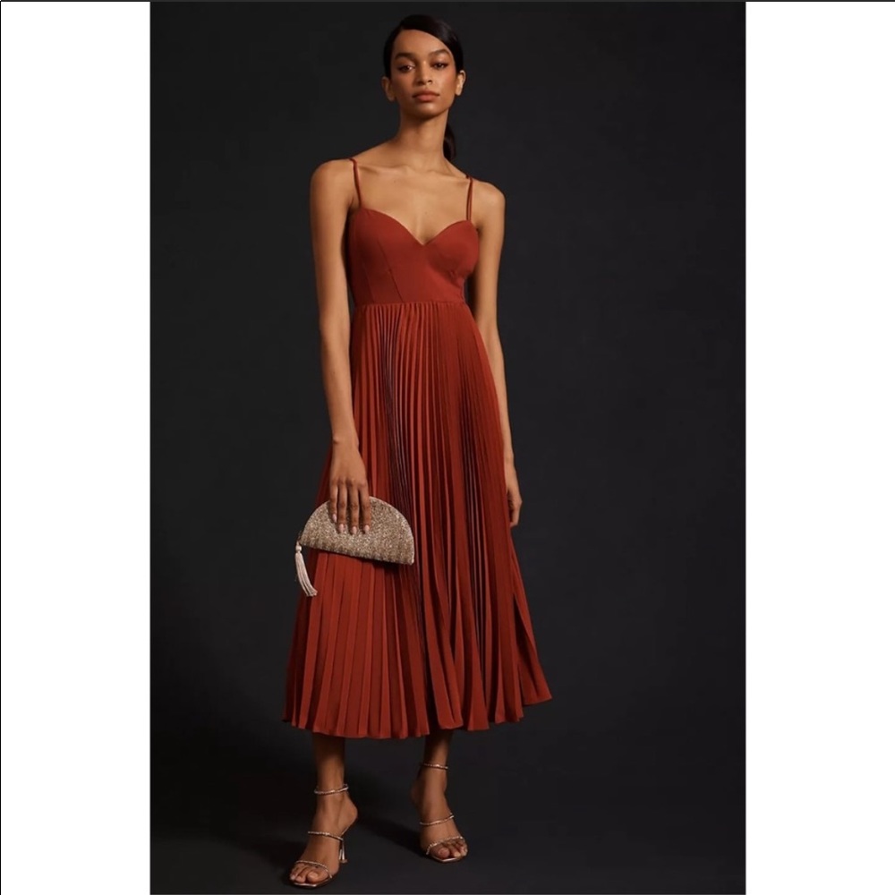 Anthropologie Sweetheart Bodice Midi Dress Size Medium Red Accordion Fabric